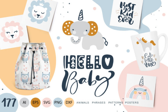 Hello Baby Animals Calligraphy Graphics for Crafts
